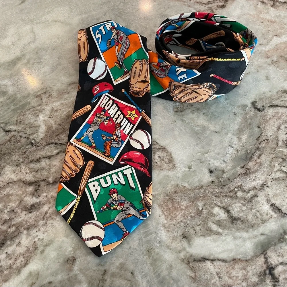 Vintage Baseball Mens Tie 100% Silk Baseball Card, Bat, 90'S